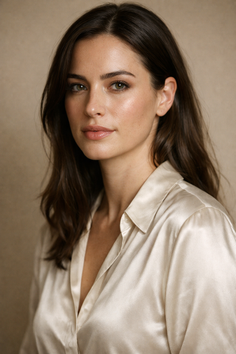 Woman with long dark hair wearing a satin shirt, looking directly at the camera