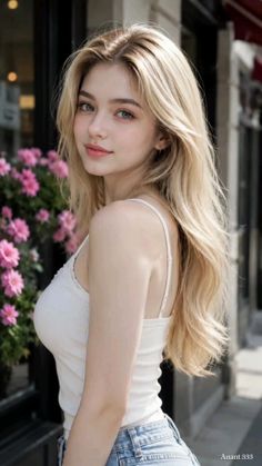 Blonde woman in a white tank top and jeans standing next to pink flowers