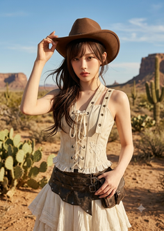 Woman in a cowboy hat and corset top in a desert landscape
