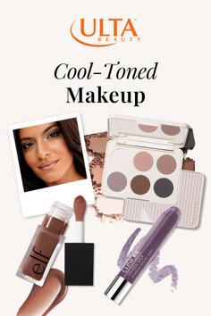 Makeup products and a woman's portrait for a cool-toned makeup advertisement