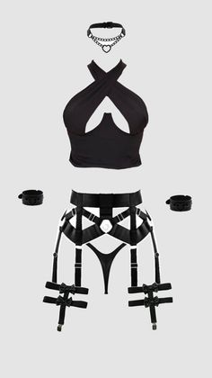 Black lingerie set with a garter belt, choker, and halter top