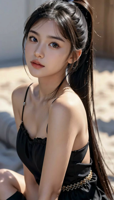 Woman with long dark hair in a black top outdoors with soft lighting