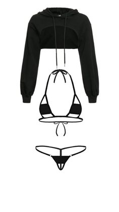 Black cropped hoodie, bikini top, and thong set on a white background