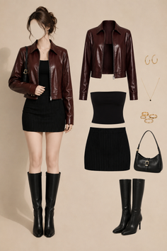 Full body shot of a woman in a leather jacket, mini skirt, and knee-high boots