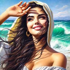 Woman with long hair on a beach, shielding her eyes from the sun