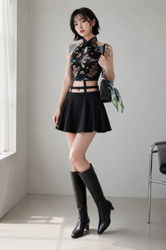 Woman in a black halter top and mini skirt with knee-high boots indoors
