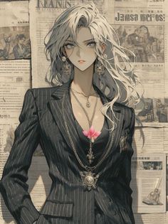 Anime style woman with long white hair in a pinstripe suit with a newspaper background
