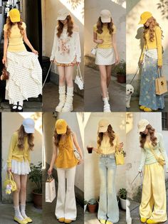 Multiple women in various yellow-themed outfits posing outdoors