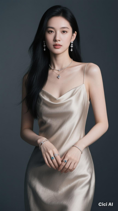 Woman with long black hair wearing a slip dress and jewelry