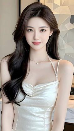 Woman with long dark hair wearing a white dress and a delicate necklace