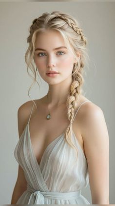 Blonde woman with braided hair wearing a light dress with cleavage