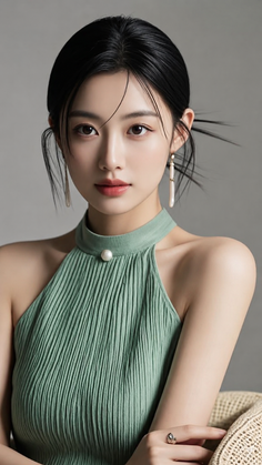 Woman with black hair in an updo wearing a green pleated top and pearl earrings