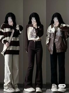 Three full body shots of a person in different casual outfits