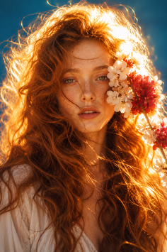 Woman with long red hair and freckles, backlit by golden hour sun, with flowers