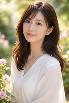 Woman with long brown hair in a white shirt outdoors with pink flowers