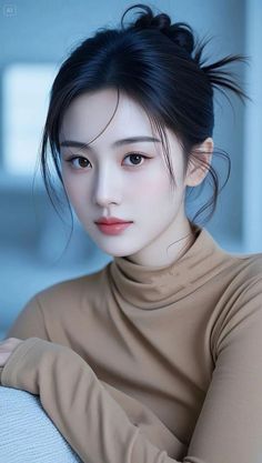 Woman with black hair in a brown turtleneck, looking directly at the viewer