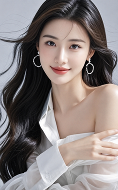 Woman with long dark hair wearing a white off-shoulder shirt and earrings