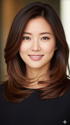 Woman with long brown hair and a black top smiling at the camera
