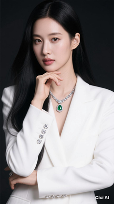 Woman with long black hair wearing a white blazer and emerald necklace