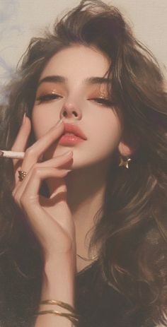 Illustration of a woman with long hair and smoky eyes holding a cigarette
