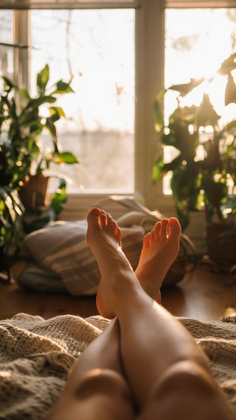 Bare feet and legs crossed on a blanket in a sunlit room with houseplants