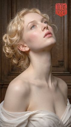 Woman with blonde curly hair in an updo, looking up with exposed shoulders