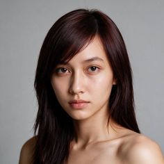 Woman with long dark hair and bare shoulders in a studio portrait