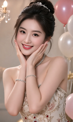 Woman in an embroidered strapless dress with jewelry and balloons in the background