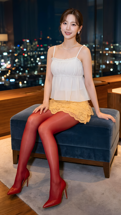 Woman in a white top, yellow skirt, red tights, and red heels sitting indoors at night