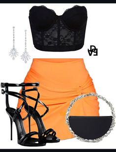 Fashion flat lay featuring a black lace bustier, orange mini skirt, and accessories