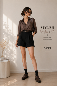 Woman in a brown shirt and black shorts posing indoors with soft lighting