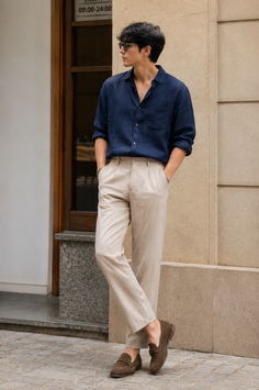 Man in a navy blue shirt and khaki pants standing outdoors