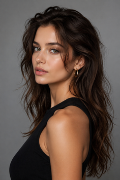 Woman with long dark hair and gold hoop earrings in a black top