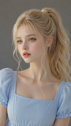 Blonde woman with green eyes and a ponytail wearing a blue dress