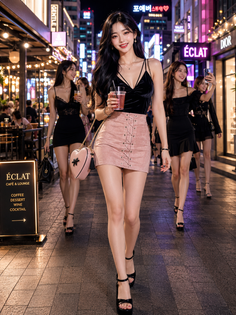 Women walking on a city street at night with neon lights and storefronts