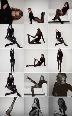 Multiple women in black bodysuits and pantyhose posing in a studio