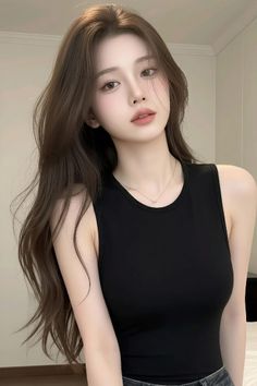 Woman with long brown hair wearing a black top and necklace indoors
