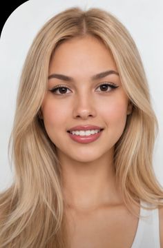 Smiling woman with long blonde hair and brown eyes against a white background