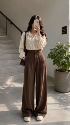 Woman in a white shirt and brown wide-leg pants taking a mirror selfie indoors