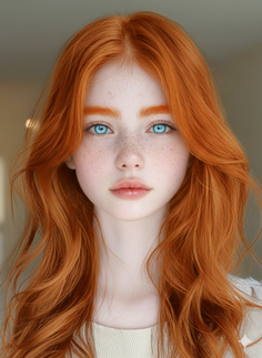 Realistic portrait of a young person with long red hair, blue eyes, and freckles