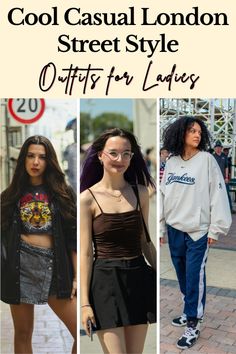 Three women showcasing different casual street style outfits outdoors