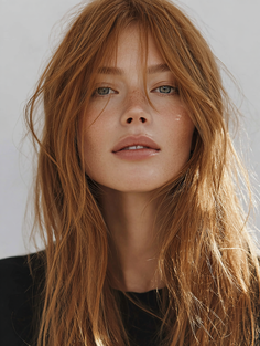 Close-up portrait of a woman with long red hair and freckles