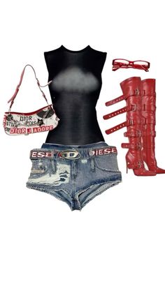 Fashion flat lay with a sheer black top, distressed denim shorts, and red boots