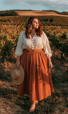 Woman in a white blouse and long skirt holding a straw hat in a vineyard at golden hour