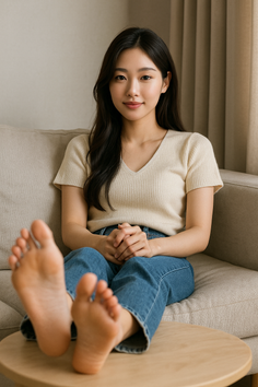 Woman with long dark hair sitting on a sofa with her bare feet on a table