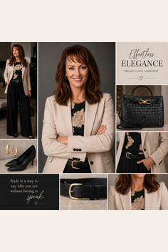 Woman in a beige blazer and black pants with various fashion accessories