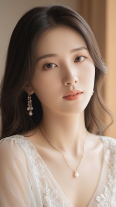 Woman with long hair wearing a lace dress and pearl jewelry