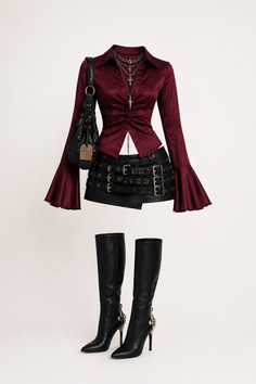 Gothic style outfit with a maroon shirt, buckle skirt, and knee-high boots