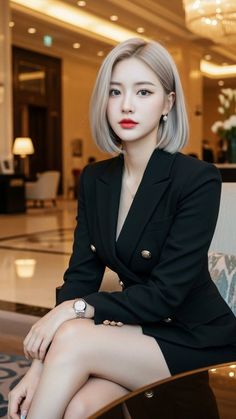 Woman with short silver hair and red lipstick wearing a black blazer indoors