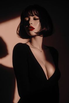Woman with short hair and red lipstick in a black top with dramatic lighting